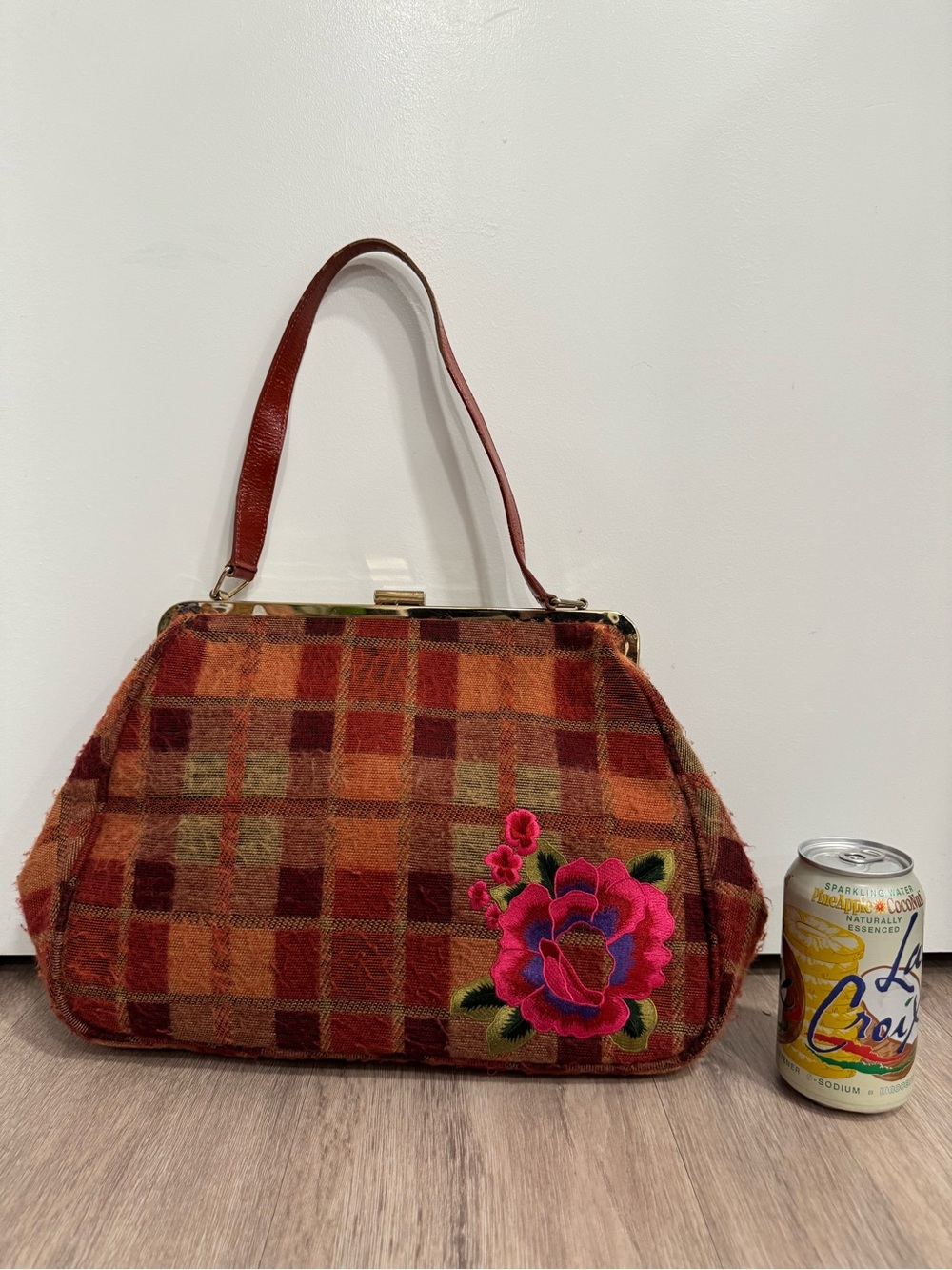 Cynthia Rowley Plaid Embroidered Floral Accent Shoulder Bag in Rust Orange - Picture 9 of 9